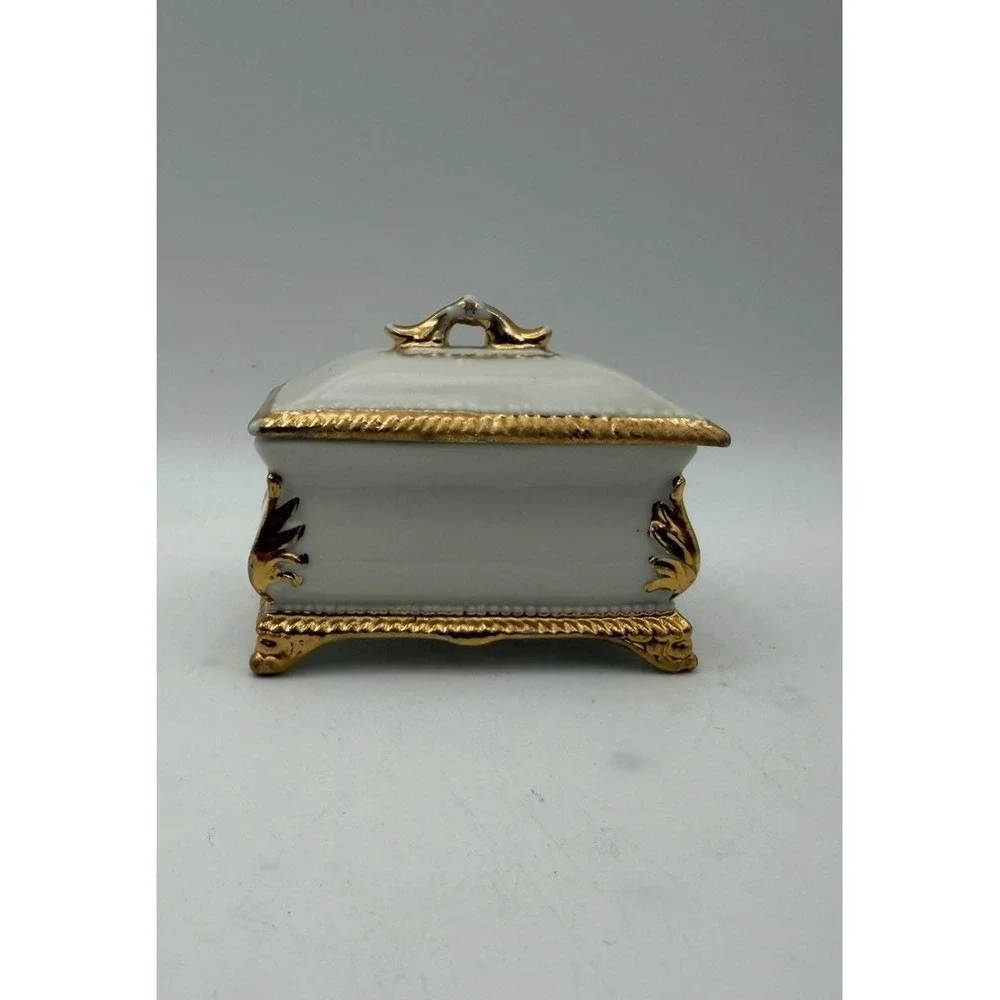 Vintage Miniature Porcelain Trinket Box White Gold Gilt Footed Casket 2.25